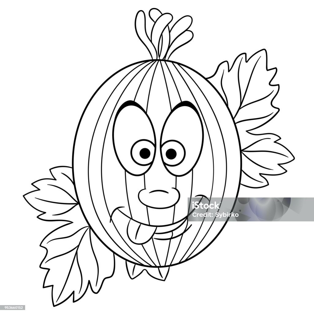 Cartoon gooseberry berry. Happy fruit emoticon. Cartoon gooseberry berry. Happy fruit emoticon. Coloring book page design for kids. Anthropomorphic Face stock vector