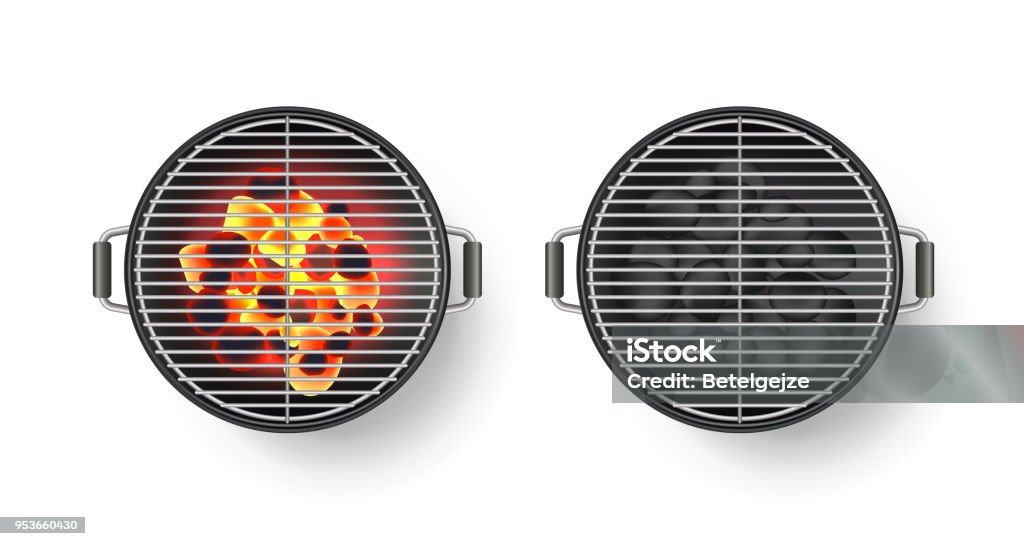 Vector illustration 3d réaliste gril rond vide avec charbon chaud, isolé sur fond blanc. Vue de dessus de barbecue - clipart vectoriel de Gril libre de droits