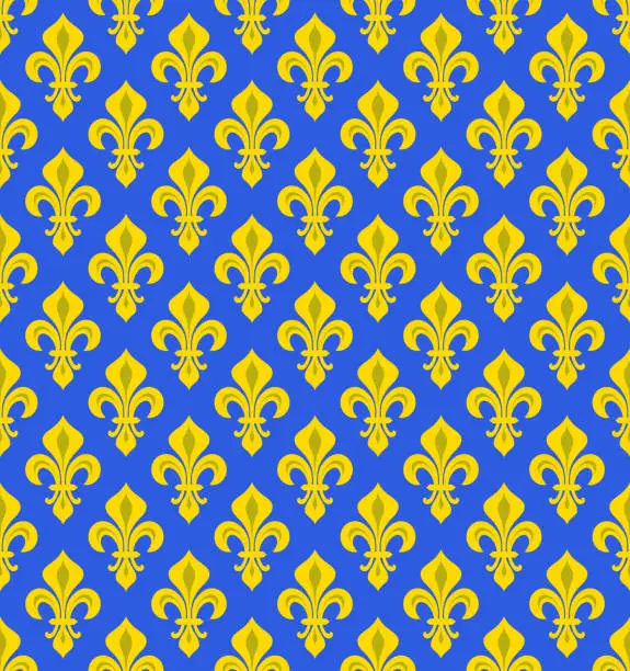 Vector illustration of Royal Heraldic Lilies (Fleur-de-lys) — azure cerulean bleu, seamless velvet pattern, wallpaper background.