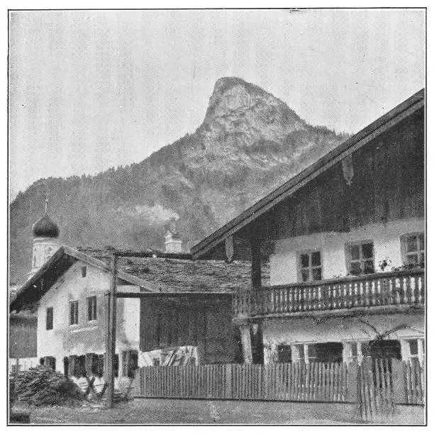 Kofel mountain behind the town of Oberammergau, Germany. Vintage halftone circa late 19th century.