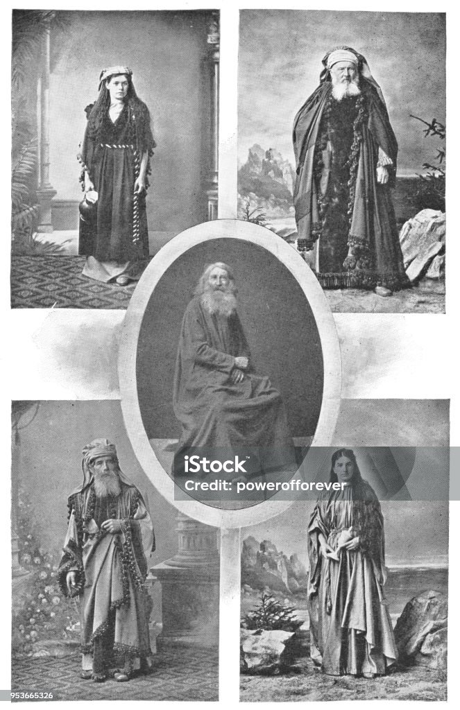 Actors Portraying Different Roles at Passion Play in Oberammergau, Germany - 19th Century Actors and actresses portraying different roles in the Oberammergau Passion Play in Oberammergau, Germany. Vintage halftone circa late 19th century. Martha (top left), Nathan (top right), Nicodemus (bottom left), Mary Magdalene (bottom right) and Barabbas (centre). 19th Century stock illustration