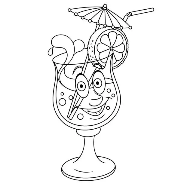 Vector illustration of Cartoon summer cocktail. Happy fresh beverage emoticon.
