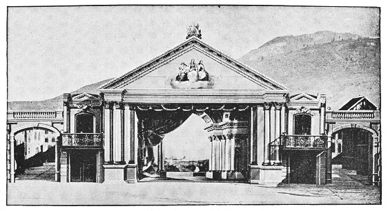 The 1880 stage set of the Oberammergau Passion Play in Oberammergau, Germany. Vintage halftone circa late 19th century.