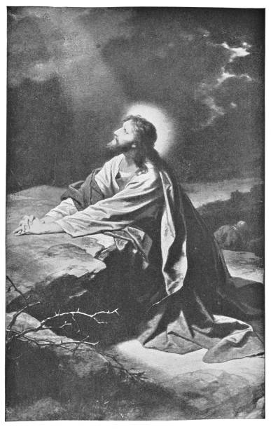 Christ in Gethsemane by Heinrich Hofmann - 19th Century Christ in Gethsemane by Heinrich Hofmann. Vintage halftone circa late 19th century. garden of gethsemane stock illustrations