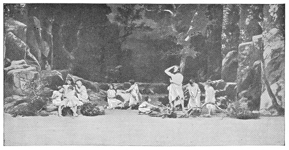 Tableau of Adam and Eve outside of paradise in Oberammergau, Germany. Vintage halftone circa late 19th century.