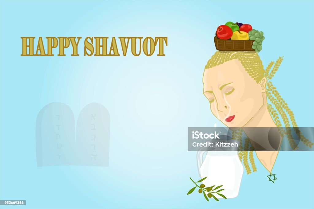 Happy Shavuot Happy Shavuot celebration illustrated with mother nature crying milk and carrying a fruit basket and the ten commandments. Adult stock vector