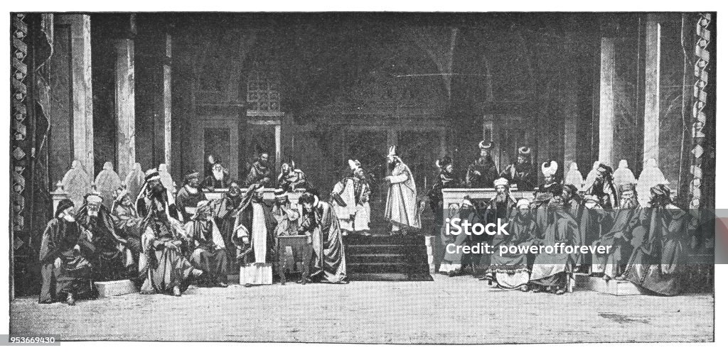 Sanhedrin Trial of Jesus at Passion Play in Oberammergau, Germany - 19th Century Sanhedrin trial of Jesus during the Oberammergau Passion Play in Oberammergau, Germany. Vintage halftone circa late 19th century. Theatrical Performance stock illustration