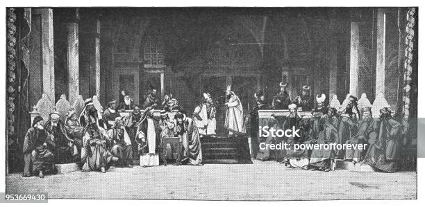 Sanhedrin Trial Of Jesus At Passion Play In Oberammergau Germany 19th Century Stock Illustration - Download Image Now