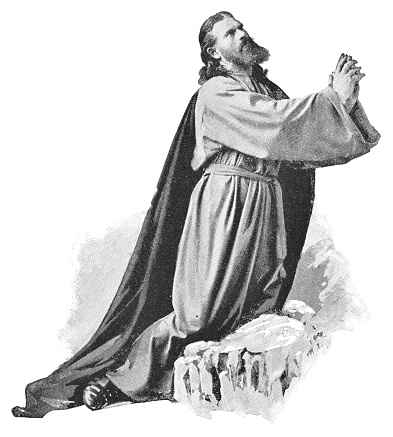 Jesus praying at Gethsemane during the Oberammergau Passion Play in Oberammergau, Germany. Vintage halftone circa late 19th century.