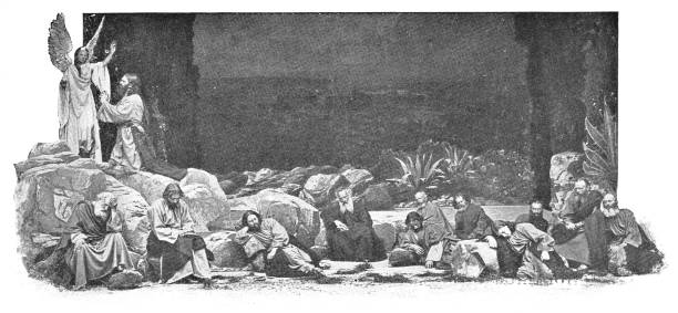 yesus dan murid di gethsemane selama permainan gairah di oberammergau, jerman - abad ke-19 - getsemani ilustrasi stok