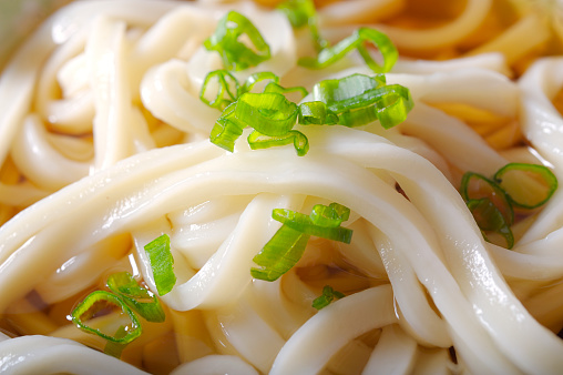 Close up of Udon,japanese noodle with scallion on top.