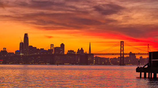 Red sunset in San Francisco skyline, California, USA
