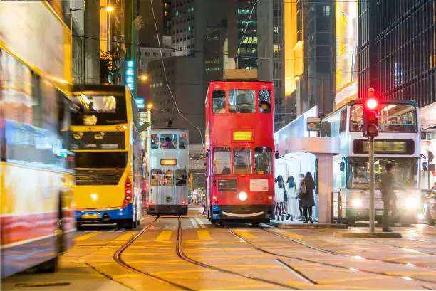 Photo of Traditional tramways cars in downtown Central, Hong Kong