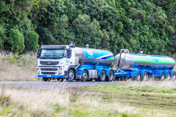 kaikoura, nova zelândia - 26 de agosto de 2016: a fonterra leite petroleiro viajando ao longo da state highway 1 antes de 14 de novembro, terremoto no mesmo ano que significativamente danificados da estrada. - milk tanker fotos - fotografias e filmes do acervo