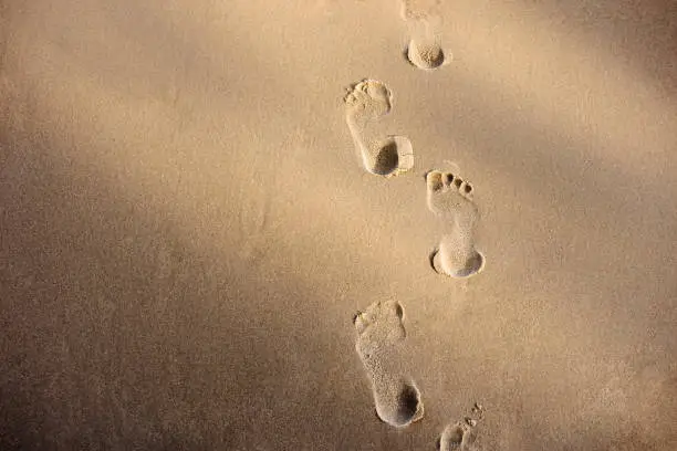 Footprint on the Sand from someone who walk into the Sea, Sunny day in Summer. Top View