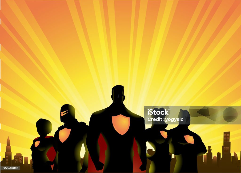 Vector Superheroes Team Silhouette with City and Sunrise Background A vector silhouette illustration  of a team of superheroes, with sunrise and city skyline in the background. Wide space available for your copy. Superhero stock vector