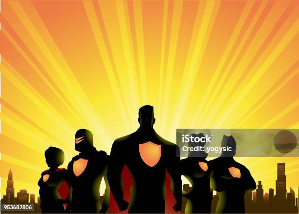 Vector Superheroes Team Silhouette With City And Sunrise Background Stock Illustration - Download Image Now