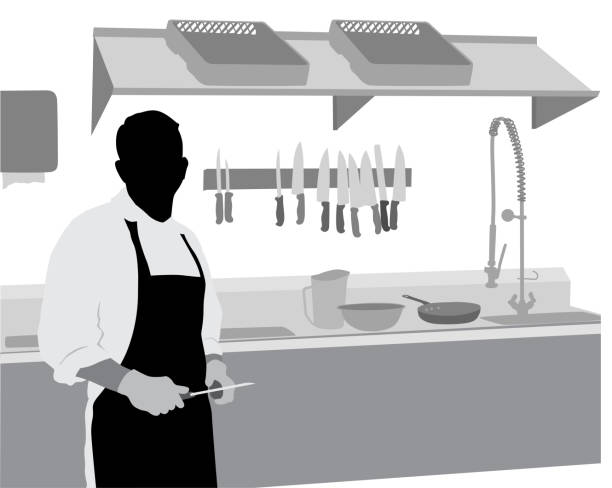Kitchen Prep Meat Cutter Man in silhouette working in a commercial kitchen chef silhouettes stock illustrations