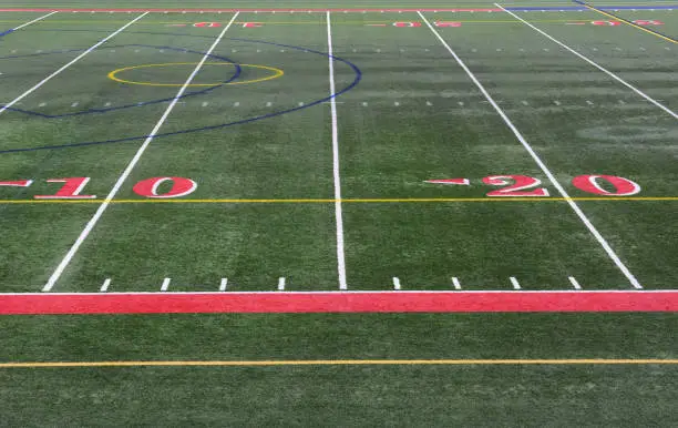 Closeup of the yardage markers on a football field. The numbers are in red on an artificial turf field.