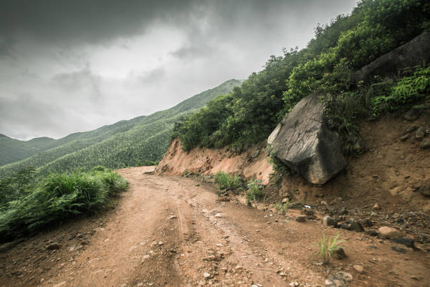 estrada de pedra pedra em dia nublado com marca de pneu para automóvel comercial - lama solo - fotografias e filmes do acervo