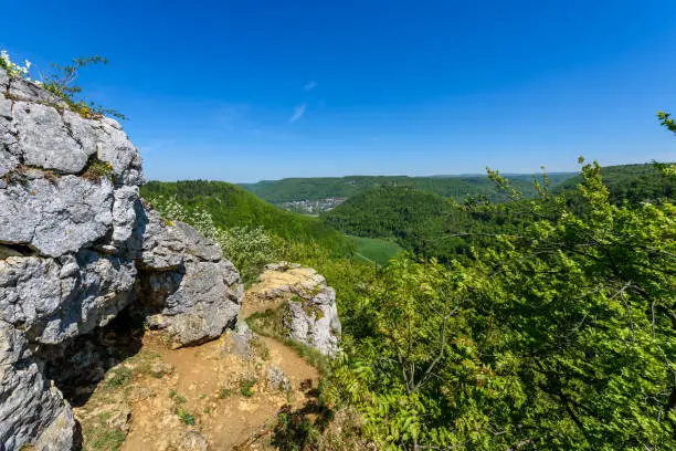 Hiking in beautiful landscape of Bad Urach, Swabian Alb, Baden-Wuerttemberg, Germany, Europe