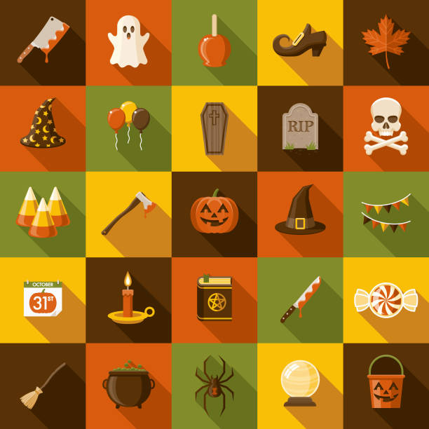 ilustraciones, imágenes clip art, dibujos animados e iconos de stock de halloween diseño plano icon set con sombra lateral - holiday autumn season halloween