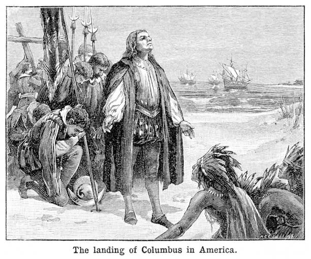 ilustrações, clipart, desenhos animados e ícones de colombo desembarque na américa gravura 1897 - christopher columbus