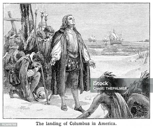 Columbus Landing In America Engraving 1897 Stock Illustration - Download Image Now - Christopher Columbus - Explorer, Landing - Touching Down, USA
