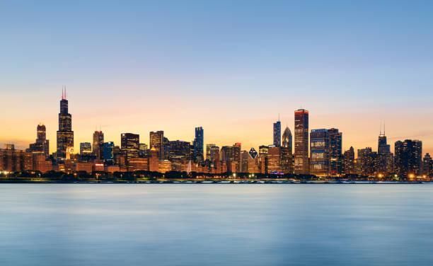 Chicago skyline at sunset stock photo