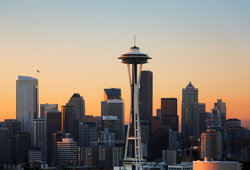 The Seattle, Washington waterfront skyline in June in Seattle, Washington, United States