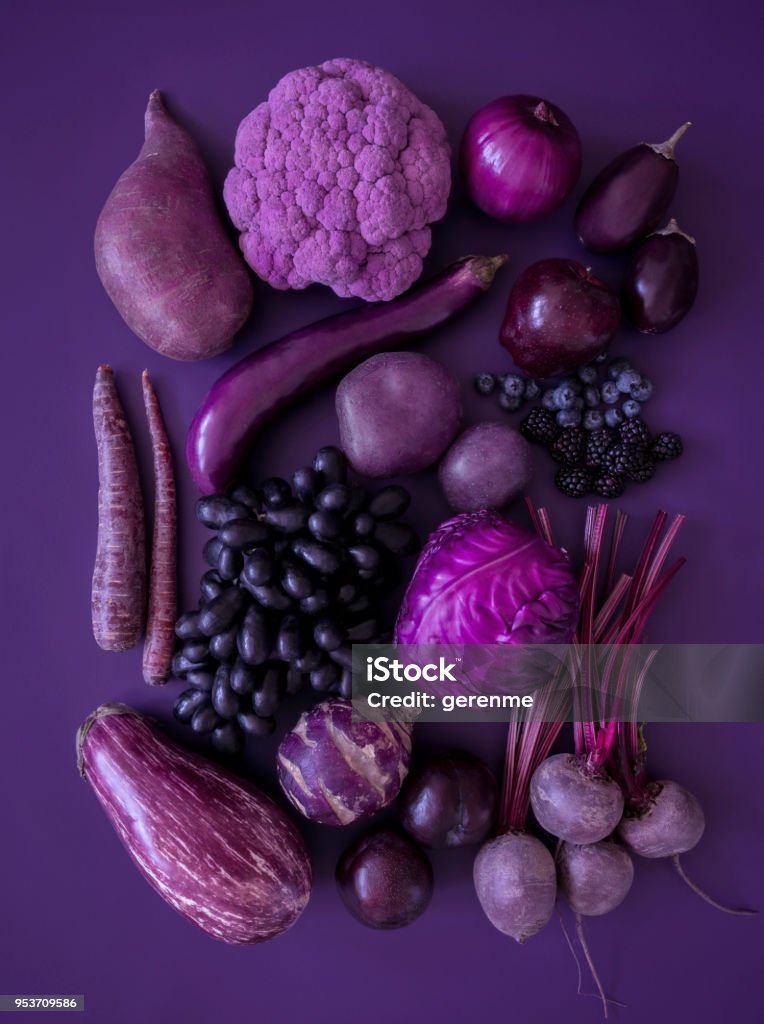 Purple fruits and vegetables Looking down on monochrome purple fruits and vegetables Purple Stock Photo