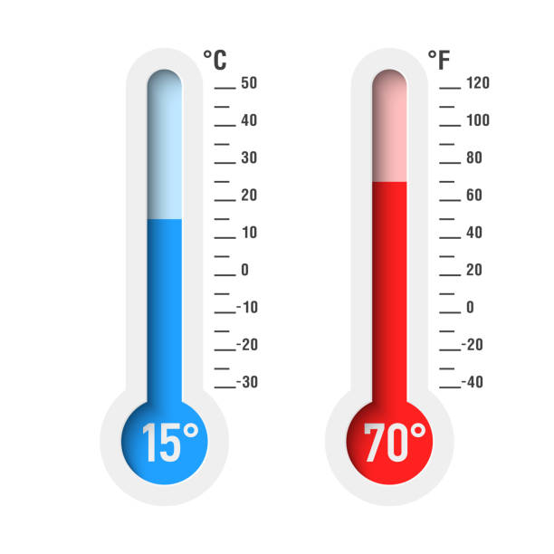 stockillustraties, clipart, cartoons en iconen met celsius en fahrenheit thermometers - thermometer