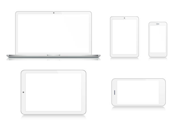 laptop, tablet, smartphone, handy in silberner farbe - isolated on gray stock-grafiken, -clipart, -cartoons und -symbole