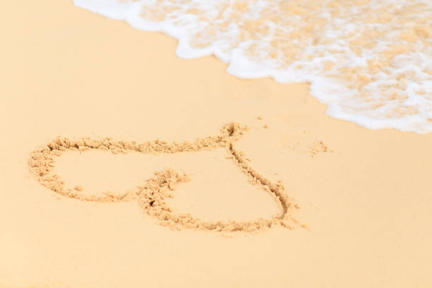 istock Heart shape drawn on the sand beach before waves 953721740