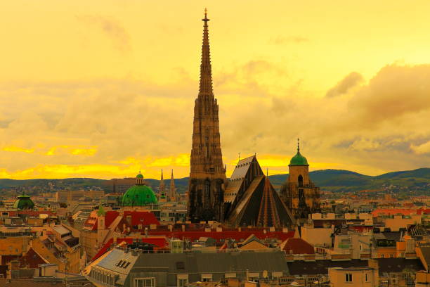 istock Above Vienna and St. Stephen's Cathedral, urban skyline at sunset – Austria 953722400