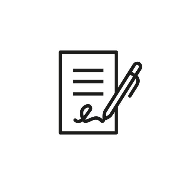 Signing business document icon Signing contract icon.  Report, letter, will. Deal concept. Can be used for topics like business, education, correspondence signing stock illustrations
