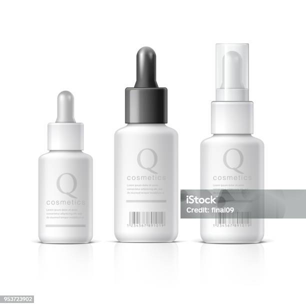 Essential Oil Set Of Cosmetic Products On A White Background Object Shadow And Reflection On Separate Layers Stock Illustration - Download Image Now