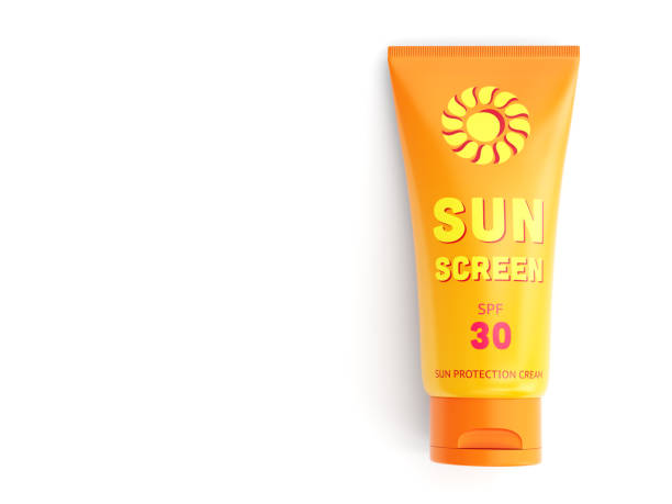 Sunscreen cream tube Tube container of skin sun protection cream isolated on white background with copy space. Summer, sun tanning and sunscreen concept. 3D illustration 30 spf stock pictures, royalty-free photos & images