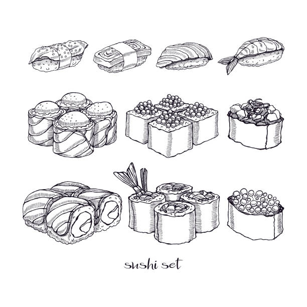 illustrations, cliparts, dessins animés et icônes de ensemble de rouleaux et sushi - illustrations de sushi