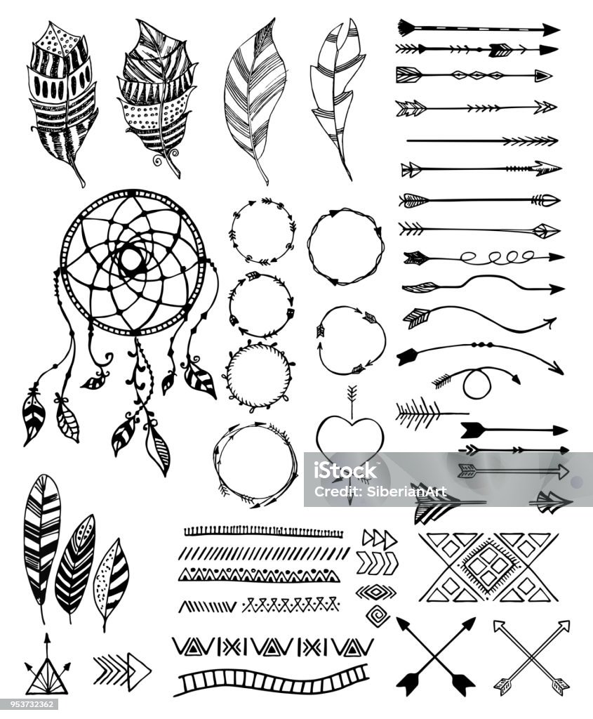 Tribal pack icon set, vector sketch illustration Tribal pack icon set. Vector hand drawn creative native arrows, crossed arrows, feathers, frames, dreamcatcher. Indigenous North American Culture stock vector