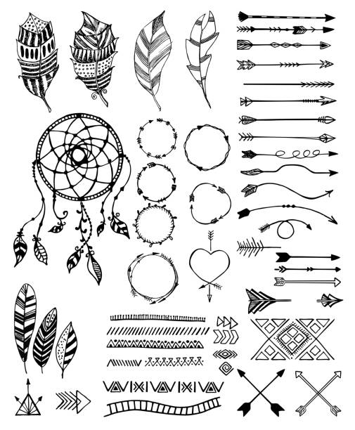 Tribal pack icon set, vector sketch illustration Tribal pack icon set. Vector hand drawn creative native arrows, crossed arrows, feathers, frames, dreamcatcher. symbol north american tribal culture bead feather stock illustrations