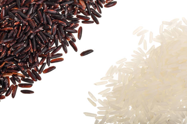 arroz selvagem preto e branco, isolado no fundo branco close-up. vista superior. estabelecer o plano - brown rice cereal plant close up food - fotografias e filmes do acervo