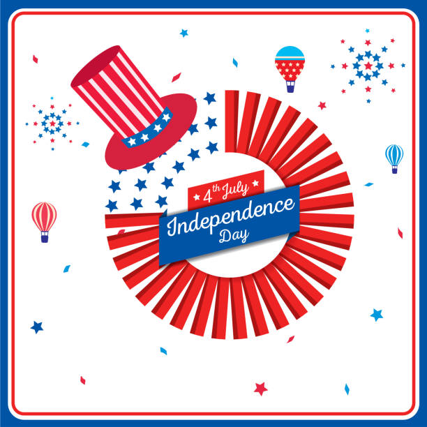 independence day wreath Happy Independence day United states of America, 4th Jul. Design with stars and stripe pattern in national flag to circle wreath decorated with hat, fireworks and balloons. 4th century bc stock illustrations