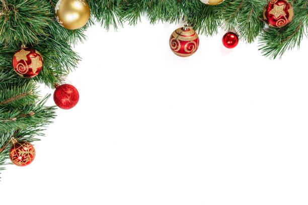 istock Christmas frame - tree branches with gold and red balls isolated on white background. Isolate. 953736674