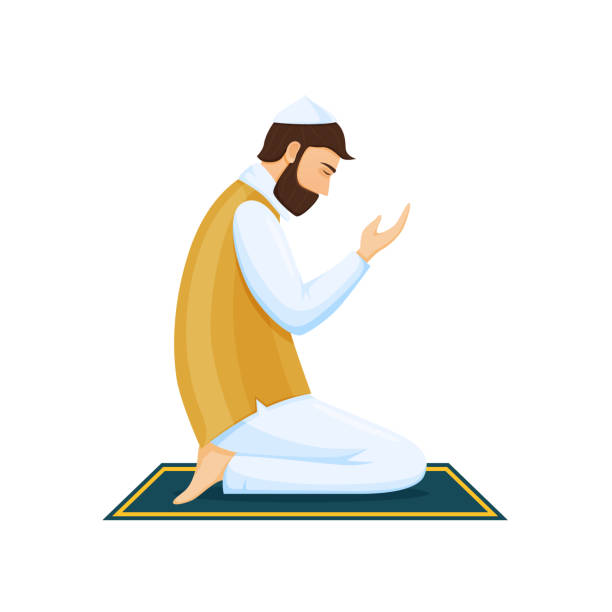 człowiek modlący się na kolanach, komunikujący się z bogiem, z zamkniętymi oczami - praying men god kneeling stock illustrations