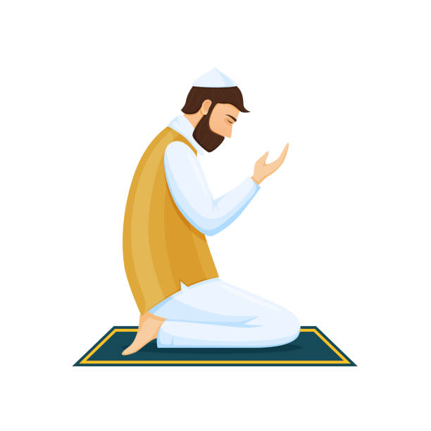 ilustrações de stock, clip art, desenhos animados e ícones de man praying on knees, communicating with god, with eyes closed - praying men god kneeling