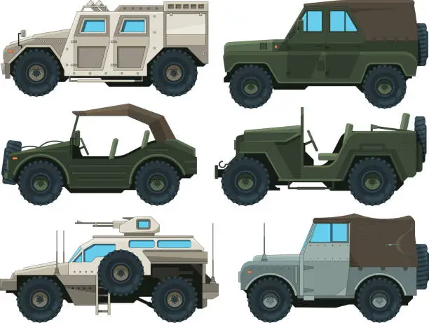 Vector illustration of Colored pictures of military heavy vehicles