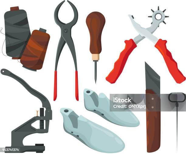 Different Tools For Shoe Repair Vector Pictures In Cartoon Style Stock Illustration - Download Image Now