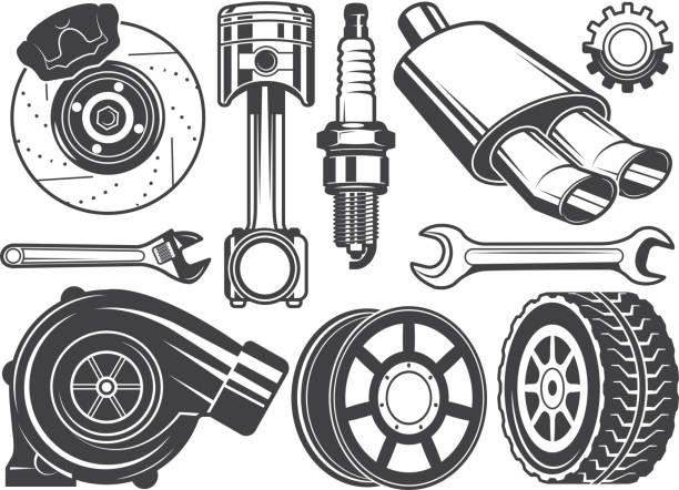 Monochrome pictures of engine, turbocharger cylinder and other automobile tools Monochrome pictures of engine, turbocharger cylinder and other automobile tools. Automobile engine, parts of machine. Vector illustration turbo stock illustrations