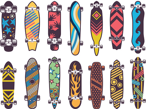 Various colored patterns on skateboards. Collection of skateboard, illustration of skateboarding urban equipment